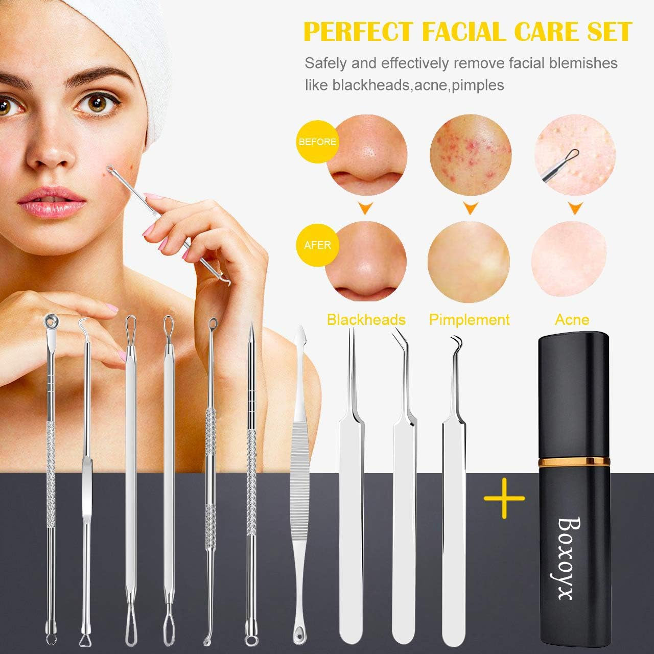 Pimple Popper Tool Kit -  10 Pcs Blackhead Remover Comedone Extractor Kit with Metal Case for Quick and Easy Removal of Pimples, Blackheads, Zit Removing, Forehead,Facial and Nose(Silver)