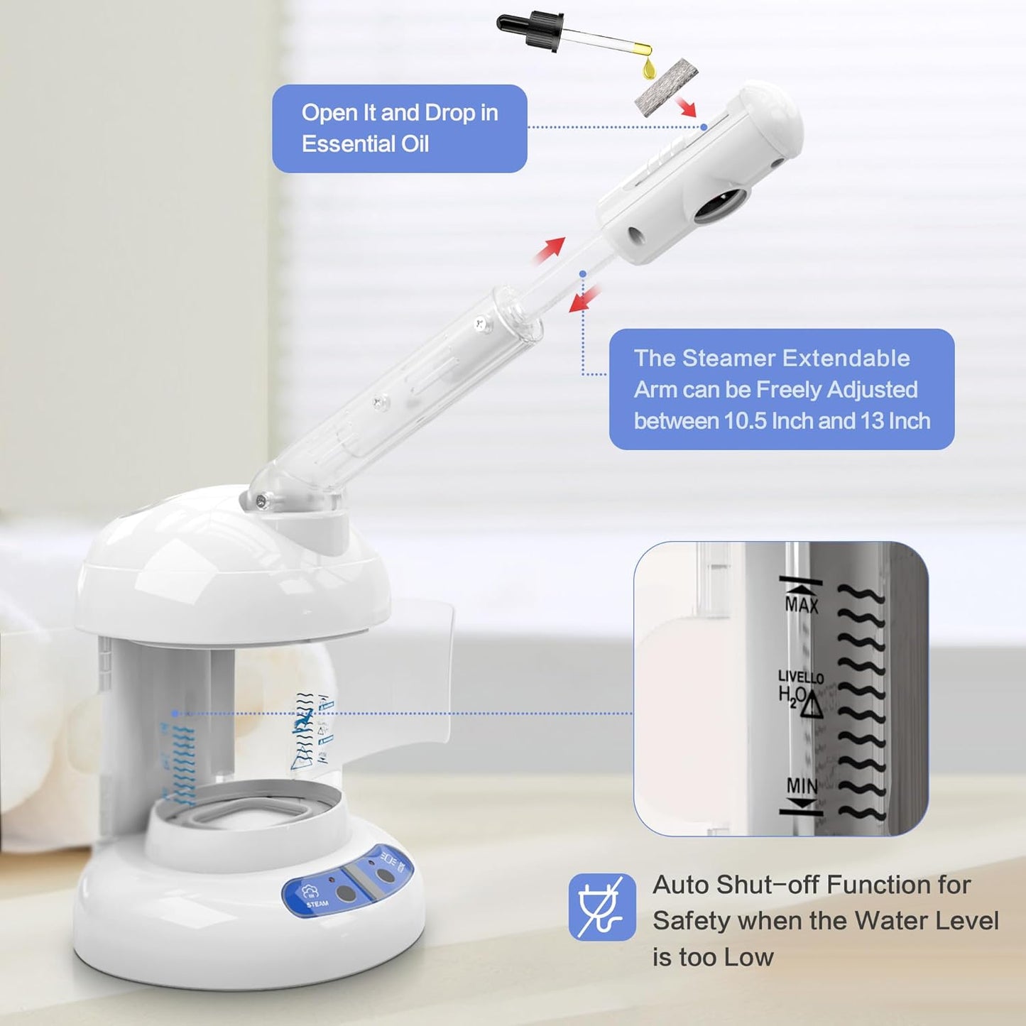 Facial Steamer - Ozone Steamer with Extendable Arm - Professional Nano Ionic Facial Steamer for Deep Cleaning - Portable for Personal Care Use at Home or Salon