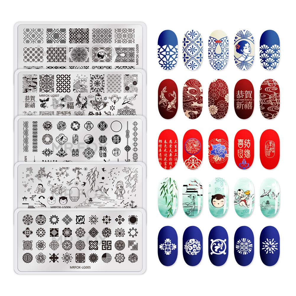 MRFOX 5 Pcs Nail Plates Stamping Set Marbled Punk Spider Web Heart Star Theme Leaf Nail Art DIY Stamping Template