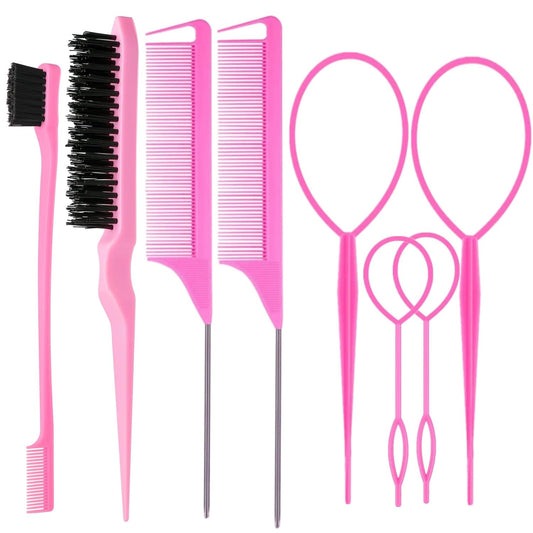 8Pcs Hair Brushes Set with 4Pcs Topsy Hair Tail Tools 1Pcs Bristle Teasing Hair Brush 1Pcs Edge Control Brush 2Pcs Metal Pin Rat Tail Combs for Woman Girl Hair Styling,Edge&Back Brushing Pink