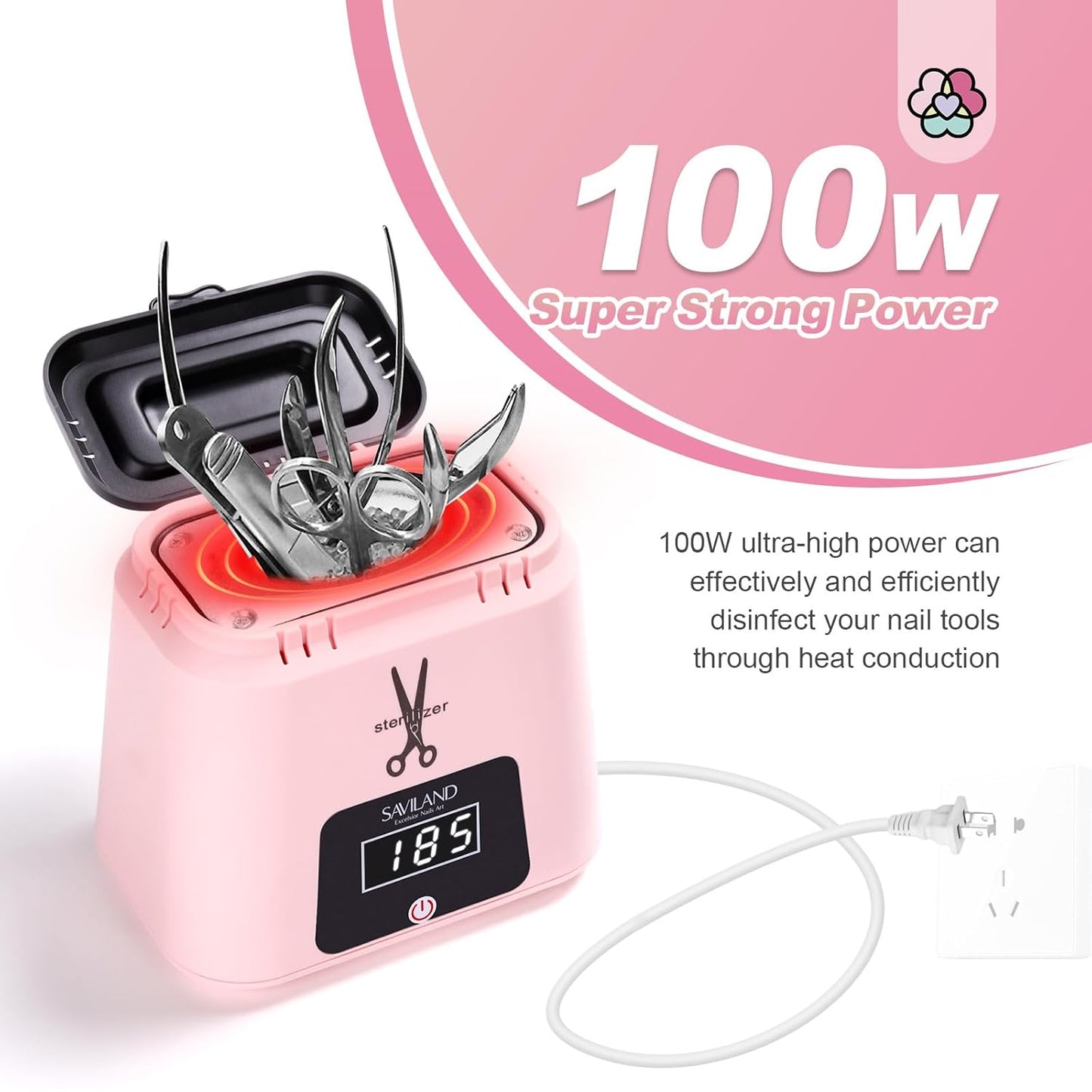 Nail Tool Sterilizer Electric: High-Temperature 365℉ Sterilizer for Nail Tools Portable Pink Nail Sterilizer with Glass Beads to Sterilize Any Metal Tools Salon & Esthetician Supplies