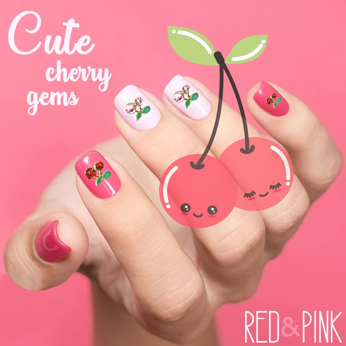 60 Pcs 3D Cherry Nail Charms Cherry Nail Rhinestones Nail Art Shiny Gems Nail Studs Cute Fruit Nail Diamond Crystal Luxury Jewelry for Nails Face Makeup Women Crafts Diy(Pink/Red Gold, 6Mm/8Mm)