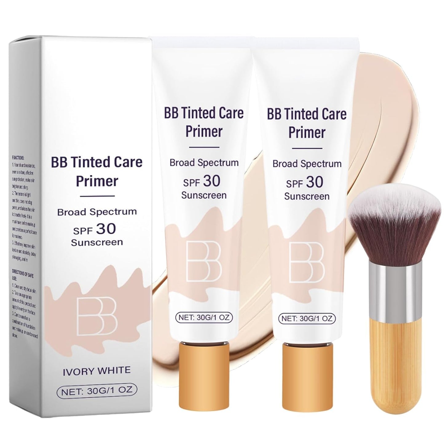 BB Tinted Moisturizer SPF 30, BB Tinted Care Primer, BB Tinted Care Primer with Brush, Full Coverage Light-Medium Skin Color Hydrating & Smoothing(Natural*2 with Brush)