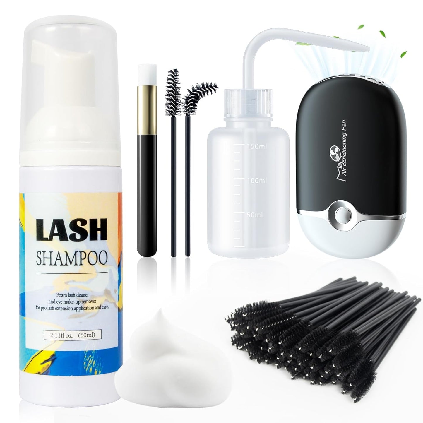 Lash Shampoo for Lash Extensions - 60ML Lash Extension Cleanser with Lash Fan Cleaning Brush Rinse Bottle and 50 Pcs Mascara Brush, Rich Foam Lash Wash for Eyelash Extension Home Use(Pink)