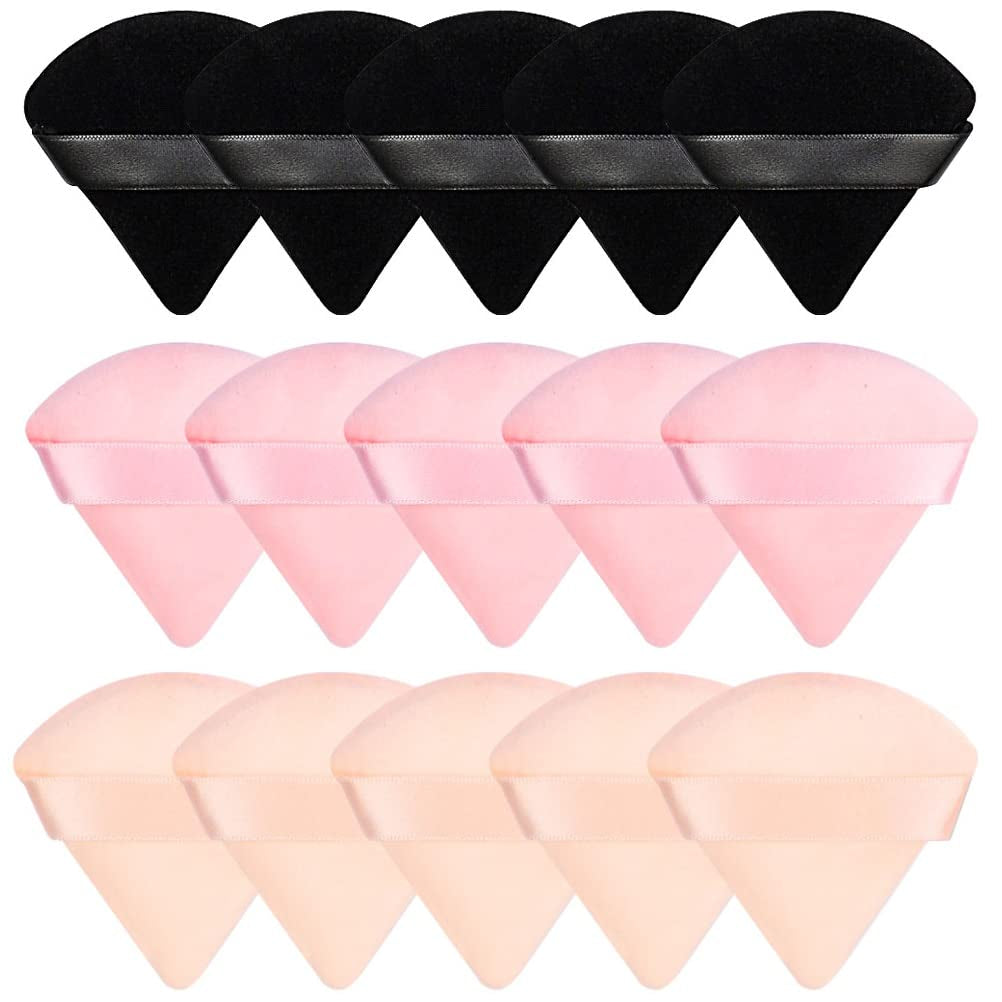 15 Pieces Powder Puff Face Soft Triangle Makeup Velour Puff, Beauty Sponge for Loose Powder and Cosmetic Foundation, Blender Makeup Tool (Black, Pink, Flesh)