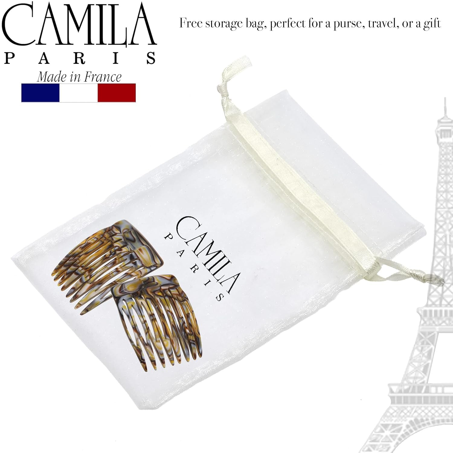 Paris CP2332/2 French Hair Side Comb Handmade Onyx, Small Twist Hair Decorative, Strong Hold Clips for Women Bun Chignon Up-Do Styling Girls Hair Accessories, Made in France