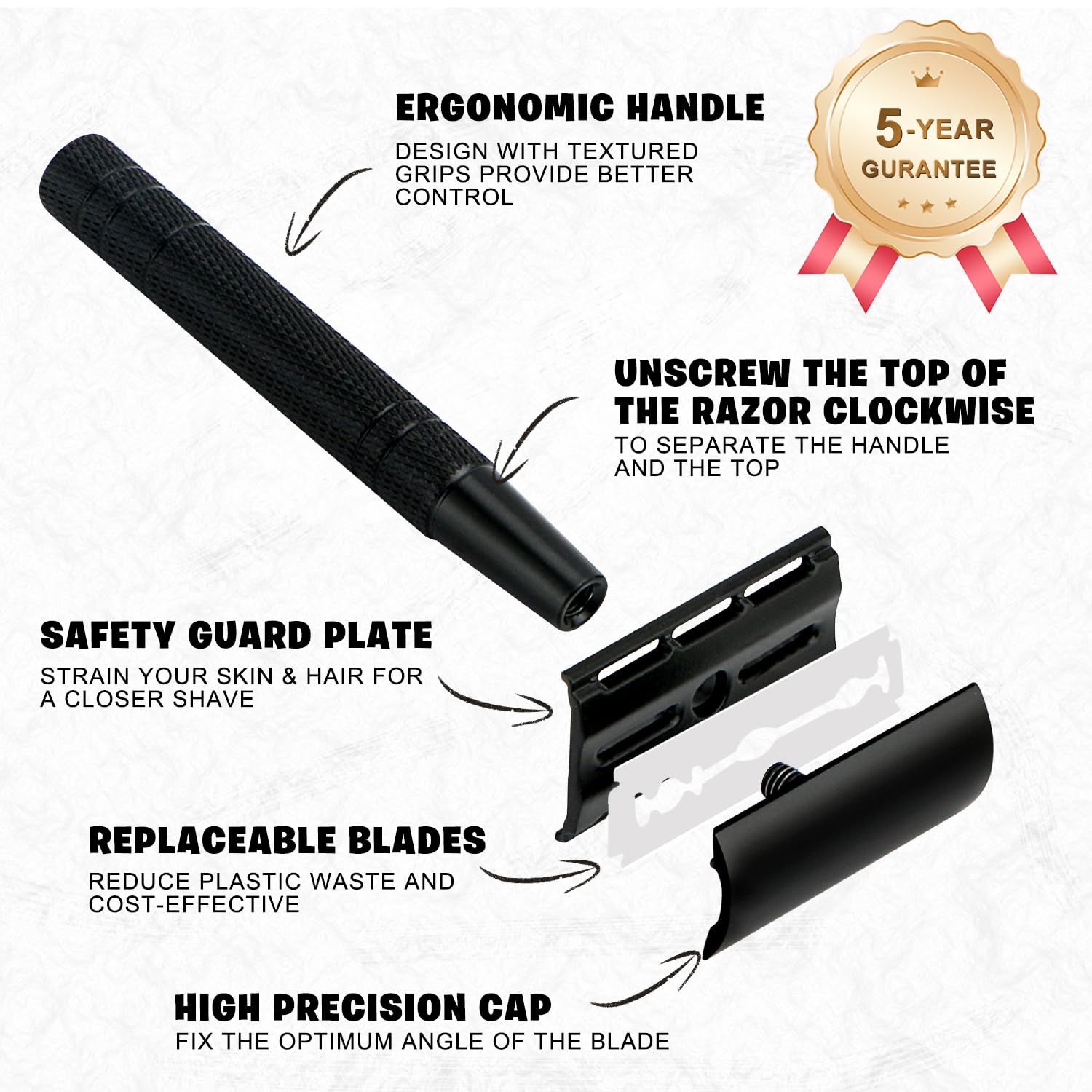 Matte Black Safety Razor for Men & Women, Single Blade Razor, Double Edge Safety Razor, 1 Blade Razor, Mens Safety Shaving Razors, Reusable Metal Razor, 10 Safety Razor Blades, Smooth and Close Shave