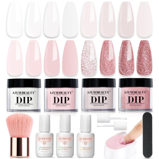 Dip Powder Nail Kit Starter, Transparent Nude Neutral Skin Pink Glitter, 4 Colors Dipping Powder Set All Seasons, French Nail Art Base Top Coat Activator Liquid Manicure DIY Salon 12 PCS