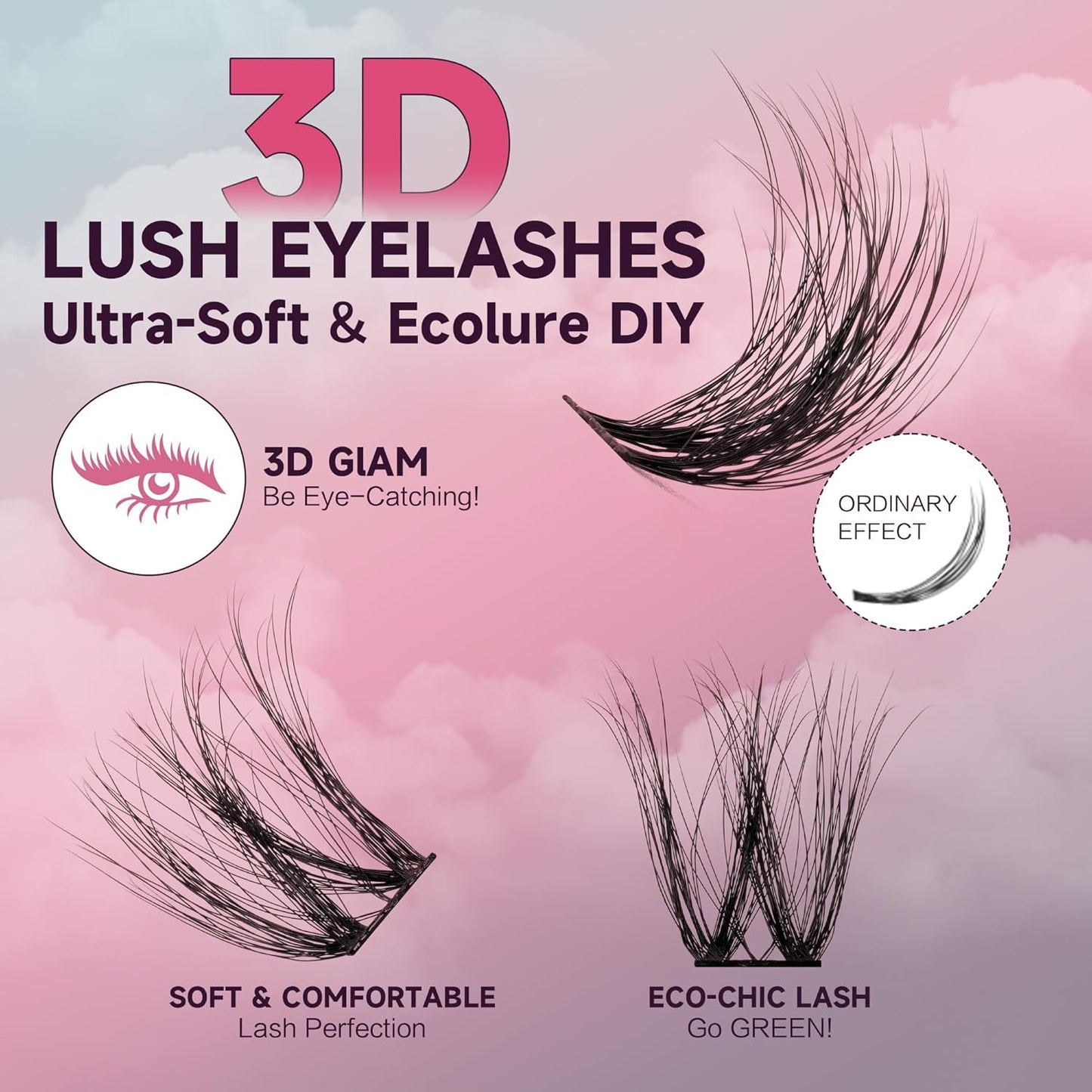 Lash Clusters DIY Eyelash Extensions 144 Clusters Lashes D Curl 3D Eyelash Clusters Extensions Fluffy Wispy Lashes Cluster Fluffy Effect & Ultra-Soft & Super Light & DIY at Home (Prism)