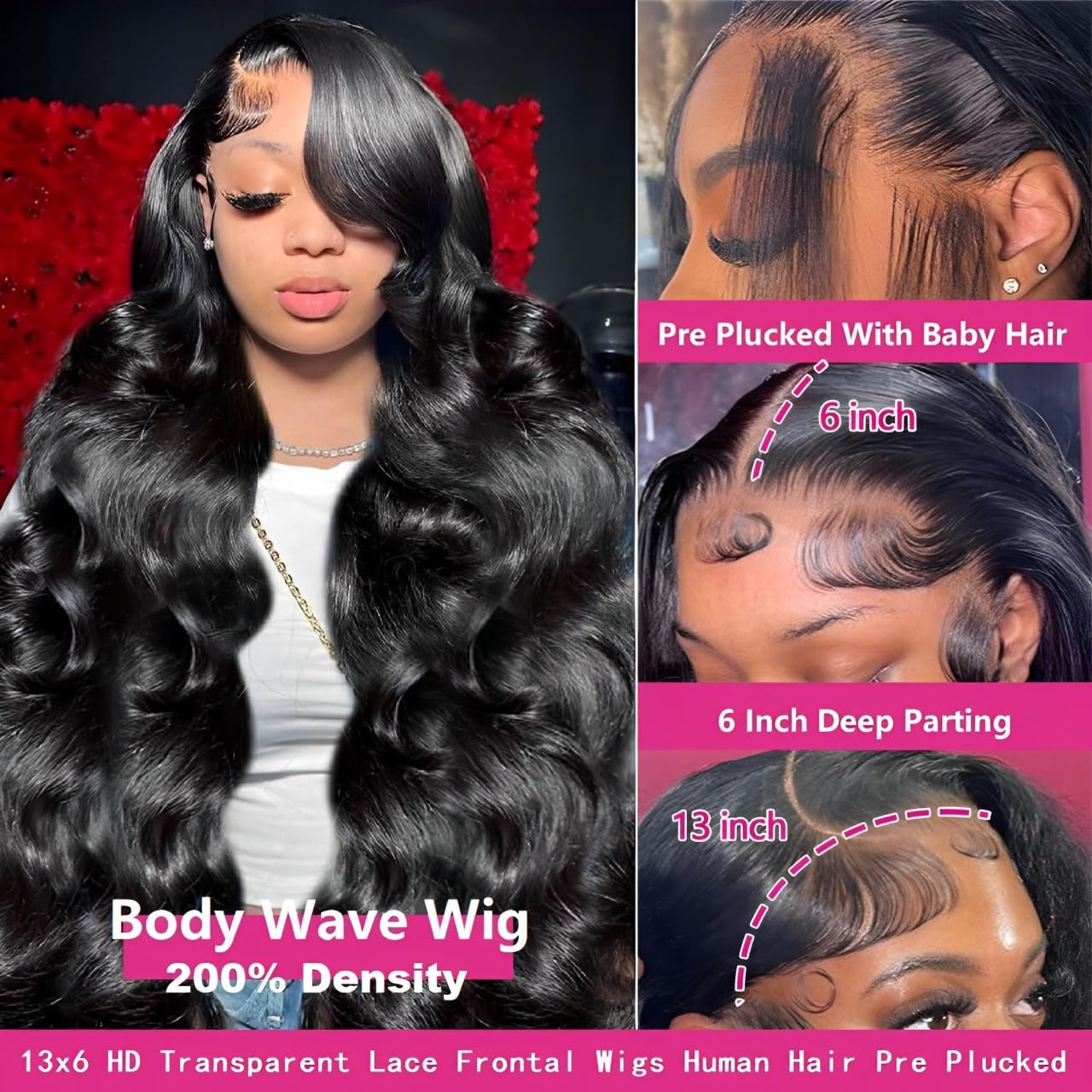 30 Inch 13X6 Lace Front Wigs Human Hair 200 Density Body Wave HD Lace Front Wigs Human Hair Pre Plucked Natural Color Glueless Wig 100% Virgin Human Hair Lace Front Wigs for Women