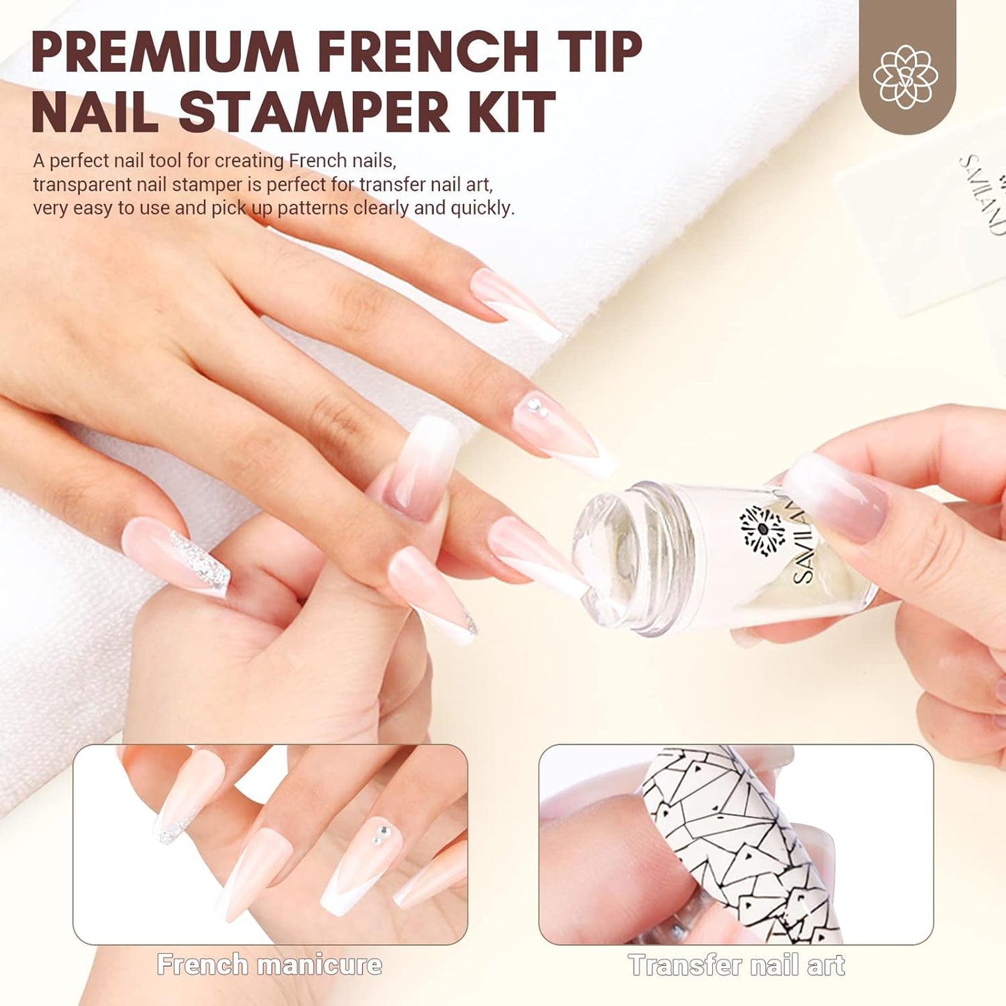 French Tip Stamp: 14PCS French Tip Nail Tool with Replaceable Stamper Head, Clear Silicone Nail Stamper Kit French Nail Stamper with Scrapers for French Manicure Tool Home DIY Nail Art Salon