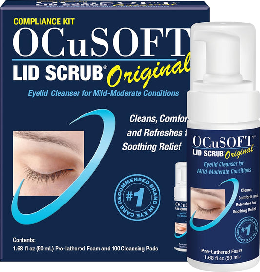 Lid Scrub Original Compliance Kit - Instant Foaming Eyelid Scrub & Lint-Free Wipes - Daily Eyelid Kit to Remove Oil, Dust, Pollen & Eye Makeup - 1.68 Fl Oz & 100 Dry Pads