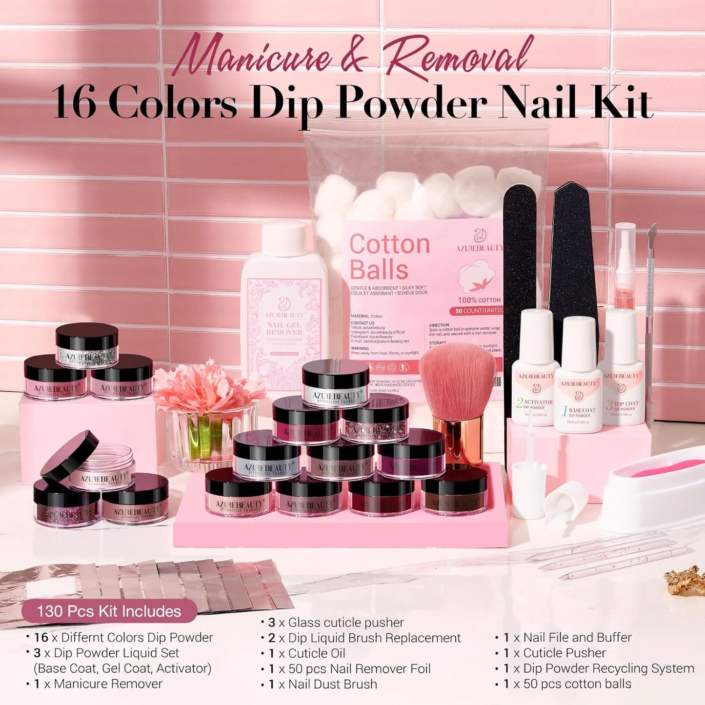 Valentine Dip Powder Nail Kit 16 Colors Glitter Pink Nail Dip Powder Kit with Top/Base Coat Activator Nail Remover Professional Dip Powder Liquid Set for Home Salon Gifts