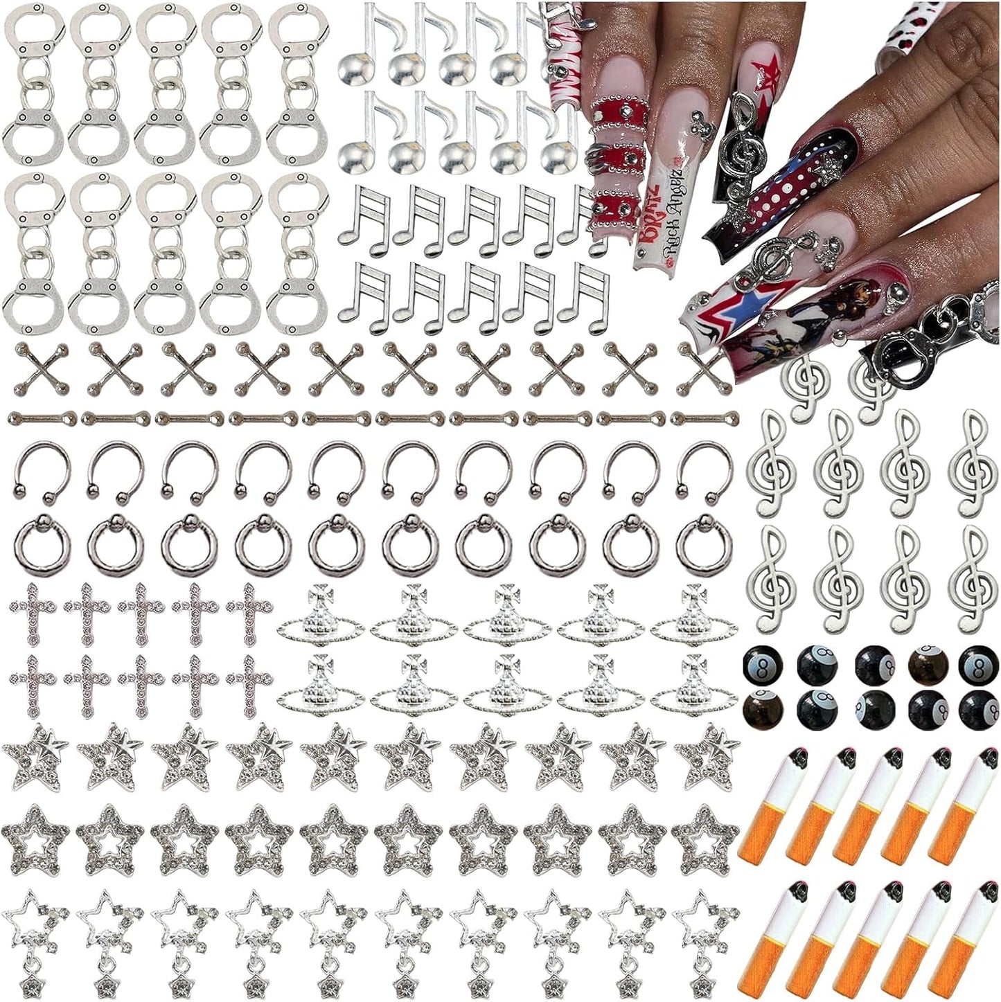 110PCS Star Nail Charms for Acrylic Nails,Silver Star Planet Cross Alloy Nail Art Decoration, Nail Stones Nail Jewels Accessories for Nail Art Supplies Manicure Craft DIY