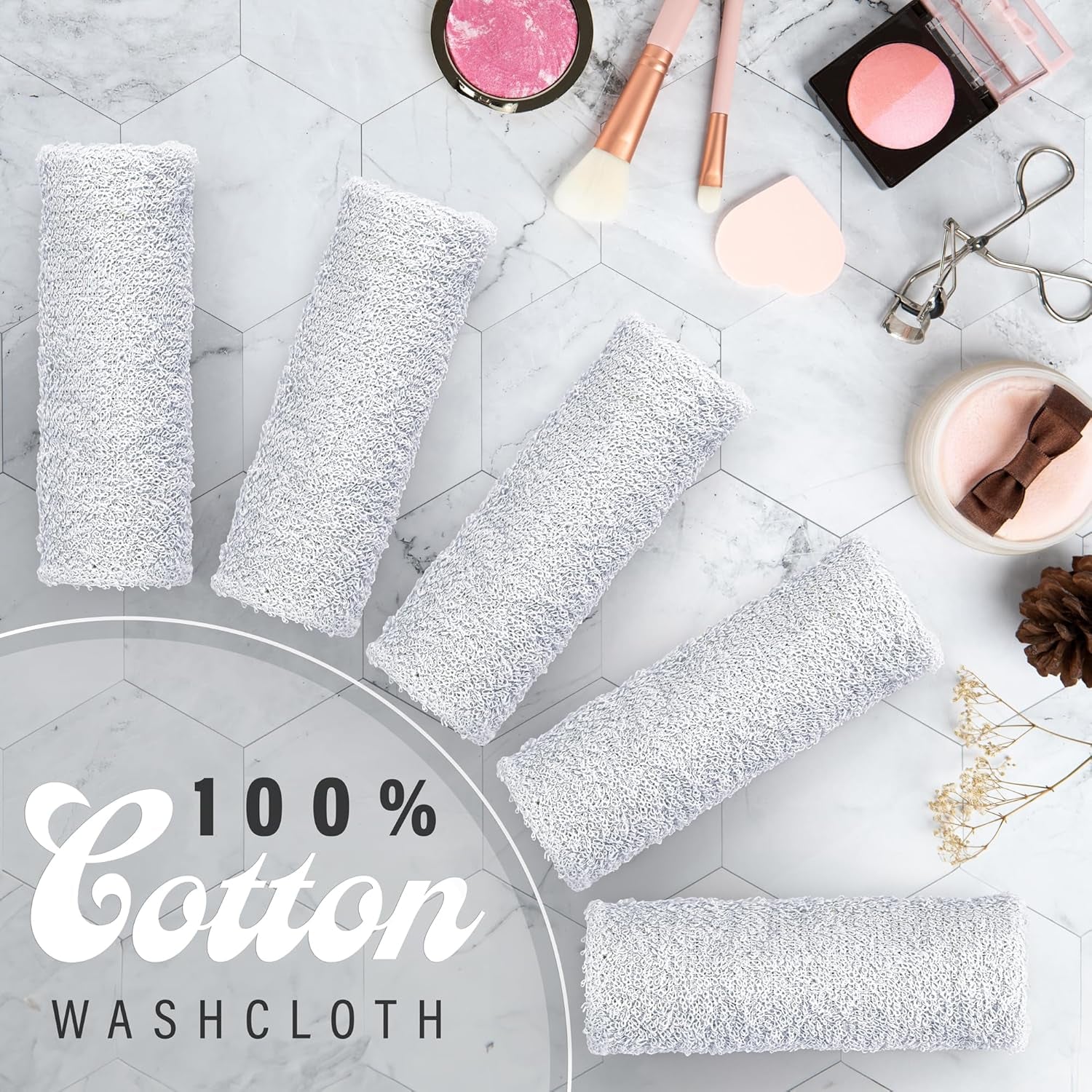 10 Pack 100% Cotton Wash Cloth, Luxurious Soft, 12 X 12 Inch Ultra Absorbent, Machine Washable Premium Quality Washcloths, White (10 Pack)