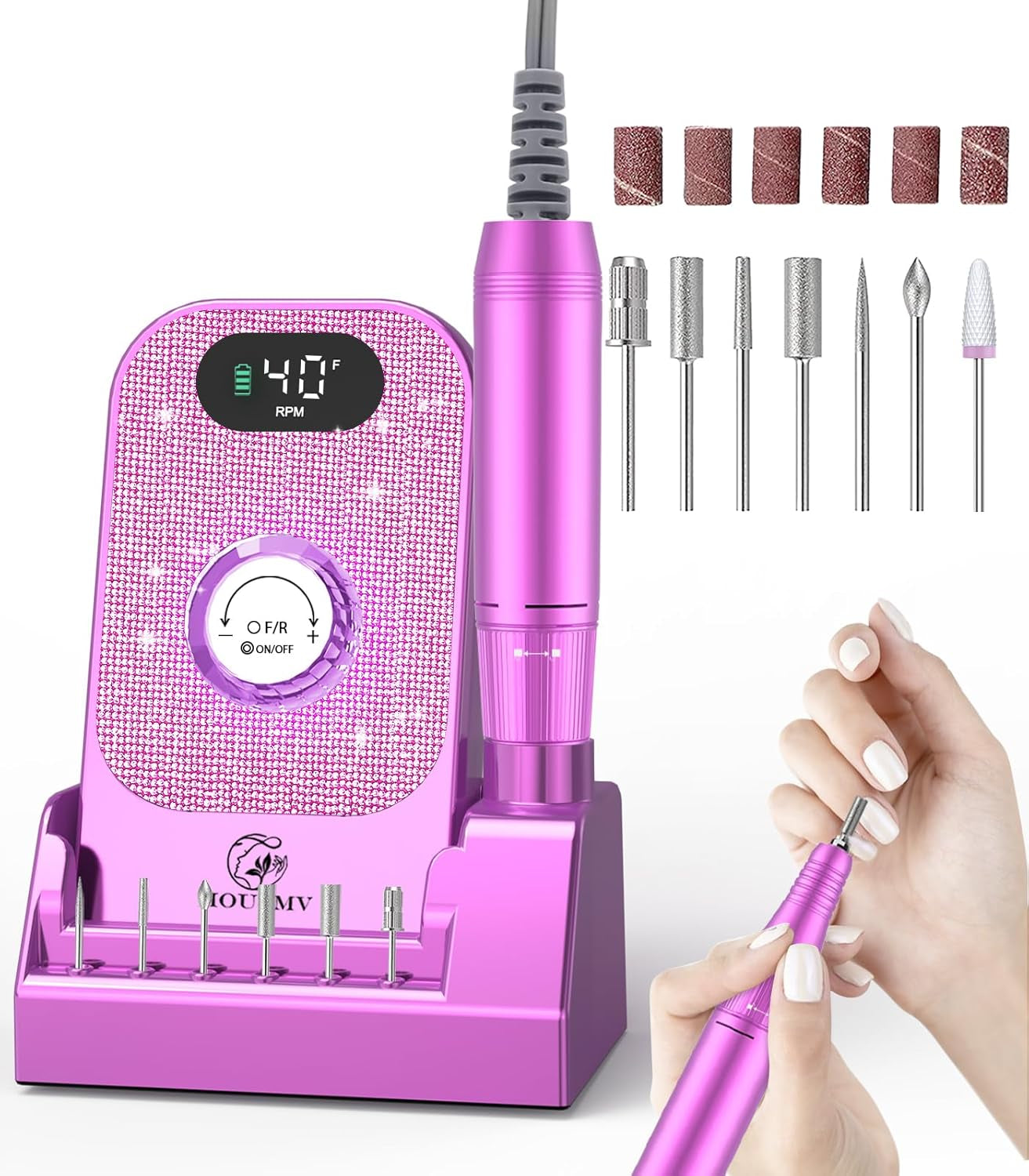 Portable Nail Drill Electric File: 40000RPM Professional Rechargeable Nail E-File Machine, Cordless Nail Drill with Bits & Base for Acrylic Nails Remove Nail Gel Polish Manicure for Salon Home, White