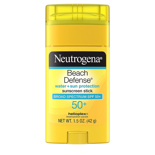 Beach Defense Water-Resistant SPF 50+ Sunscreen Stick, Broad Spectrum UVA/UVB Protection, PABA- & Oxybenzone-Free Face & Body Sunscreen Stick, Hands-Free Application, 1.5 Oz