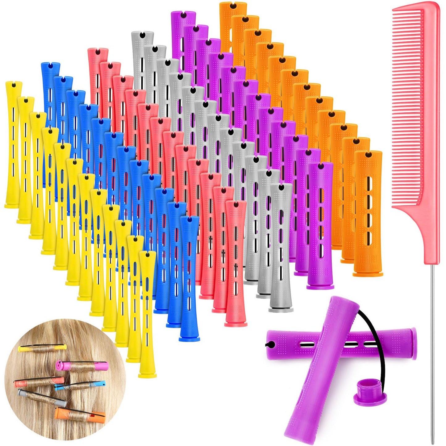 72 Pieces Hair Perm Rods Set, Short Plastic Perming Rods Cold Wave Rods 6 Sizes Hair Curling Rollers with 1 Piece Steel Pintail Hair Comb for Hairdressing Hair Styling