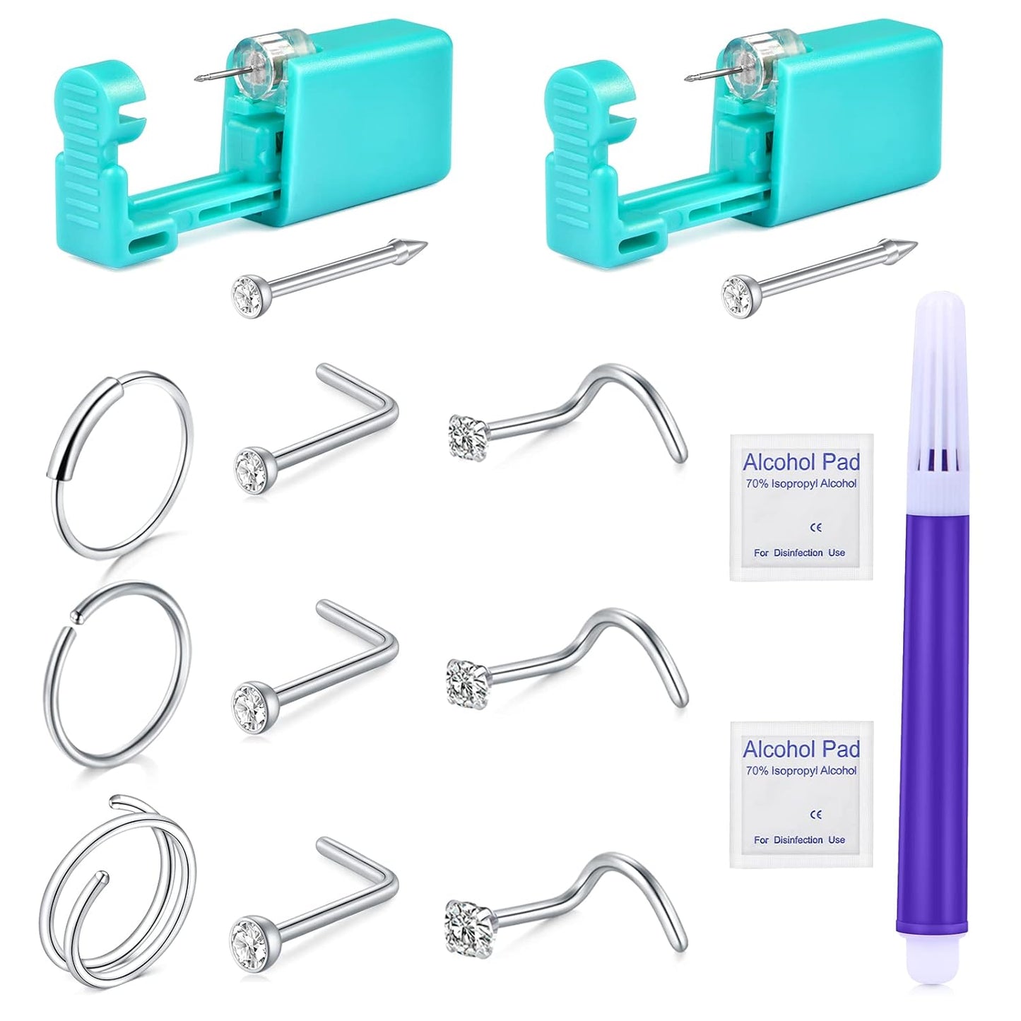 22PCS Nose Piercing Kit, Piercing Needles with 18G 20G CZ Nose Screw Studs Double Nose Rings Hoop Captive Nose Rings Stainless Steel Jewelry for Nose Septum Piercing Needles Kit