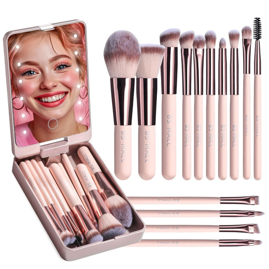 Travel Makeup Brush Set Foundation Powder Concealers Eye Shadows Makeup Set with LED Light Mirror 14 Pcs Mini Makeup Brushes (APINK)