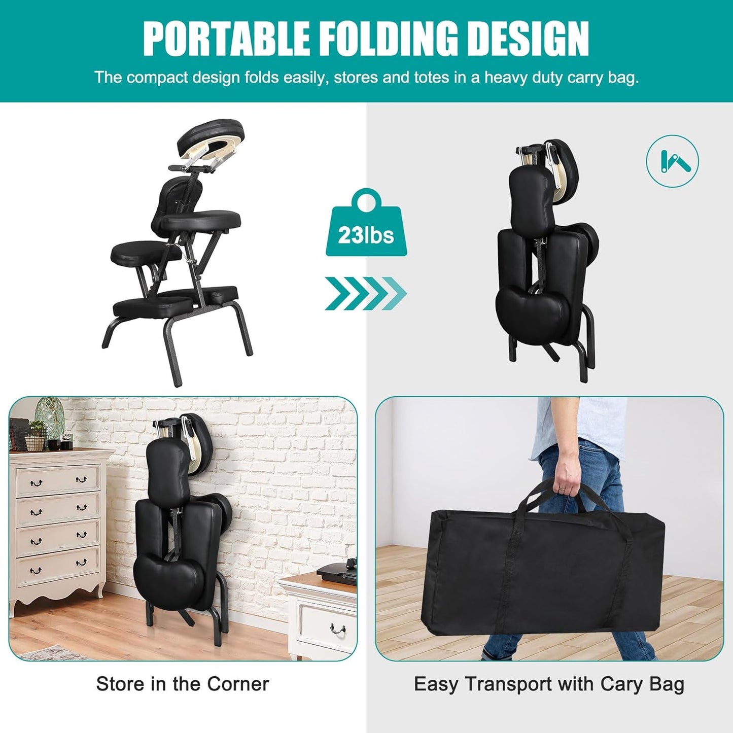 Portable Massage Chair Foldable Tattoo Therapy Chair 4 Inches Thickness Sponge Face Cradle Spa Salon Massage Chair (Black)