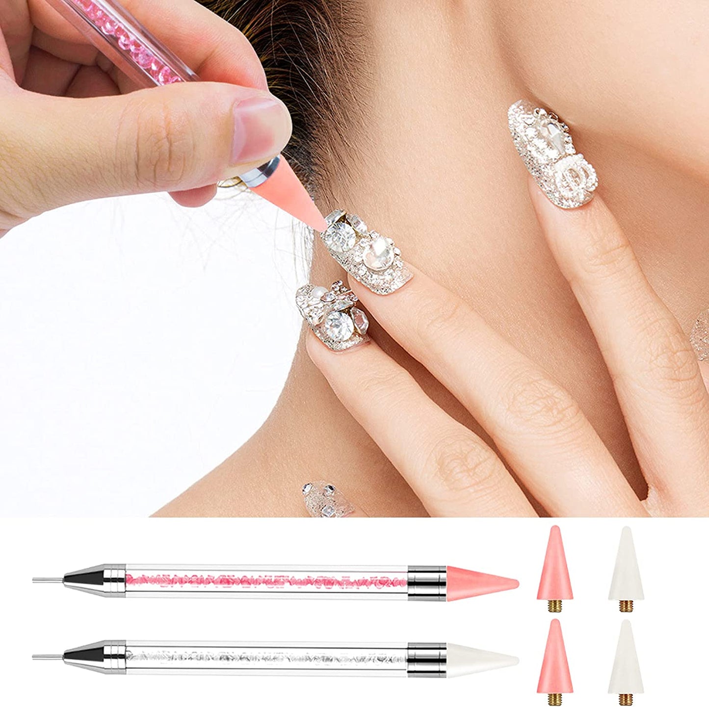 Rhinestone Picker Tool 2 Acrylic Handle Rhinestones Applicator Dual-Ended DIY Nail Art Tool with 4 Extra Wax Tips and 1 Tweezer