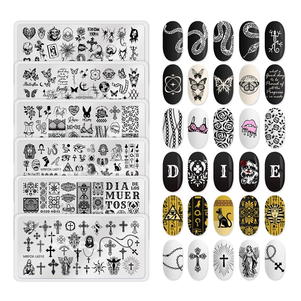 MRFOX 5 Pcs Nail Plates Stamping Set Marbled Punk Spider Web Heart Star Theme Leaf Nail Art DIY Stamping Template