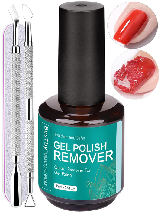 Gel Nail Polish Remover, Gel Polish Remover for Gel Nails Professional 2 to 5 Minute, with Cuticle Pusher and Scraper Nail File Tools, Easy and Quick Remove Gel Polish at Home