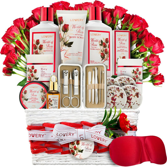 Valentines Day Gifts for Her, Red Rose Spa Gifts for Women, Bath and Body Gift Set, 35 Piece Stress Relief Spa Kit Gift Basket, Birthday, Mom, Nail Care Kit - Body Scrub, Bubble Bath, Bath Bomb & More