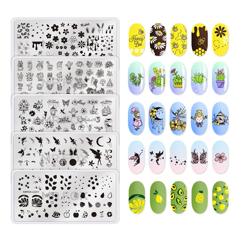 MRFOX 5 Pcs Nail Plates Stamping Set Marbled Punk Spider Web Heart Star Theme Leaf Nail Art DIY Stamping Template