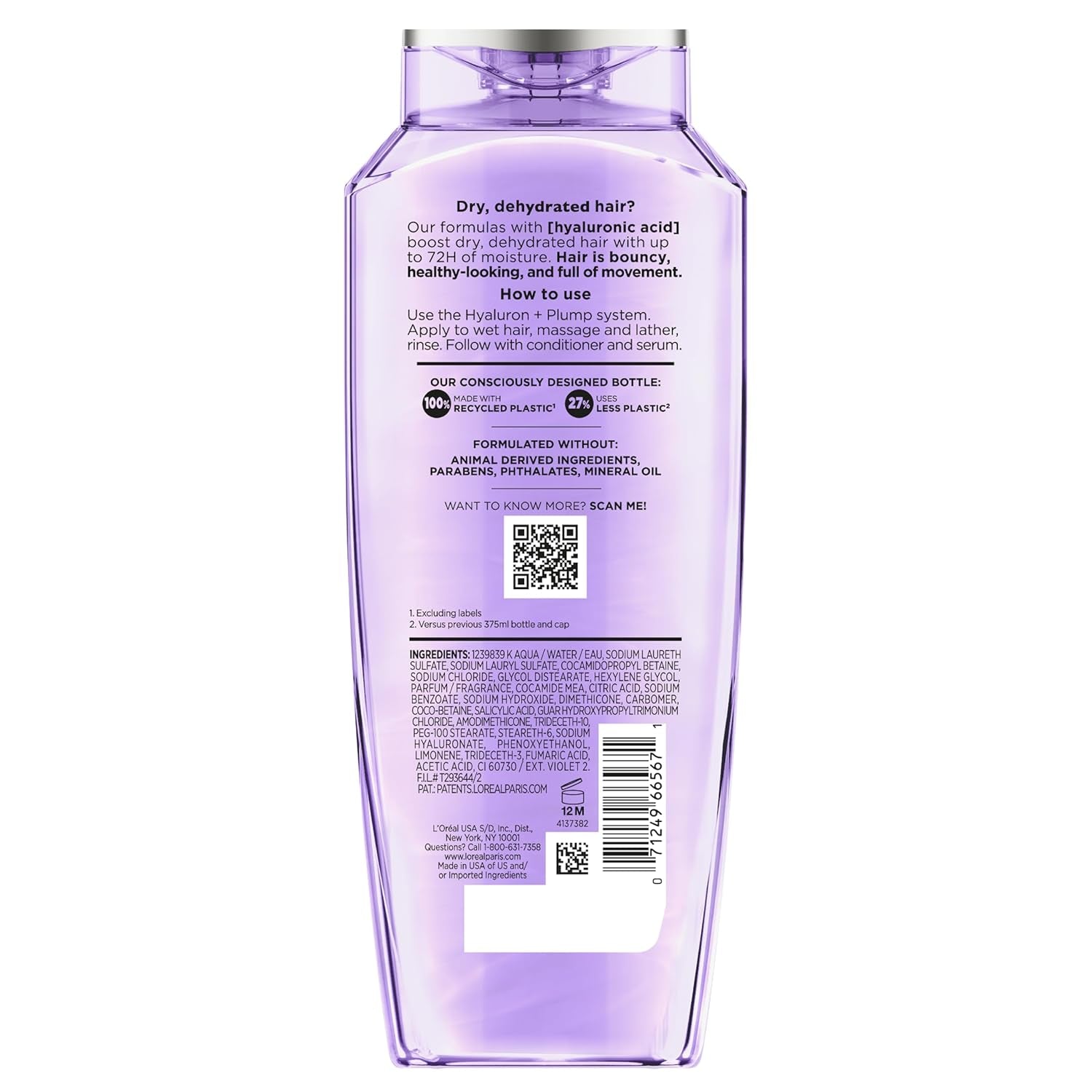 Elvive Hyaluron Plump Hydrating Shampoo for Dehydrated, Dry Hair Infused with Hyaluronic Acid Care Complex, Paraben-Free, 12.6 Fl Oz