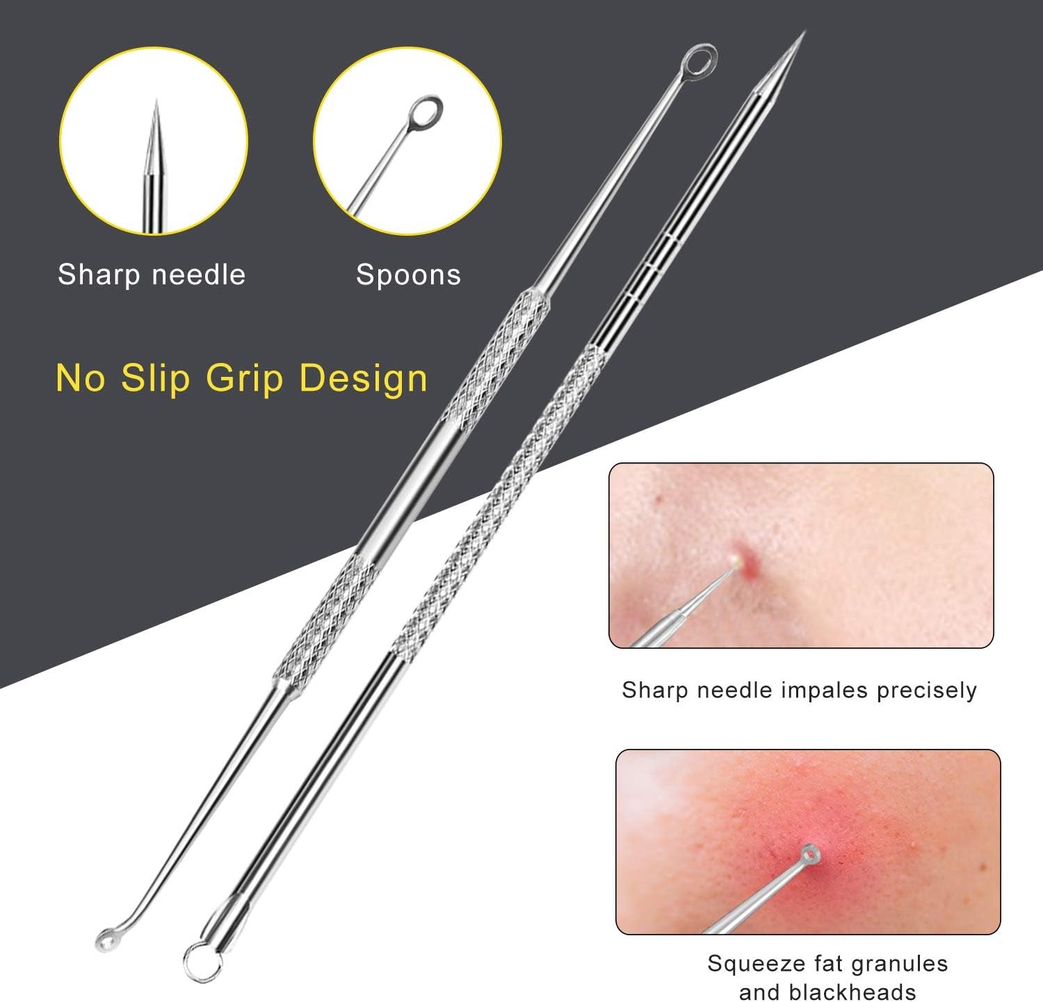 Pimple Popper Tool Kit -  10 Pcs Blackhead Remover Comedone Extractor Kit with Metal Case for Quick and Easy Removal of Pimples, Blackheads, Zit Removing, Forehead,Facial and Nose(Silver)