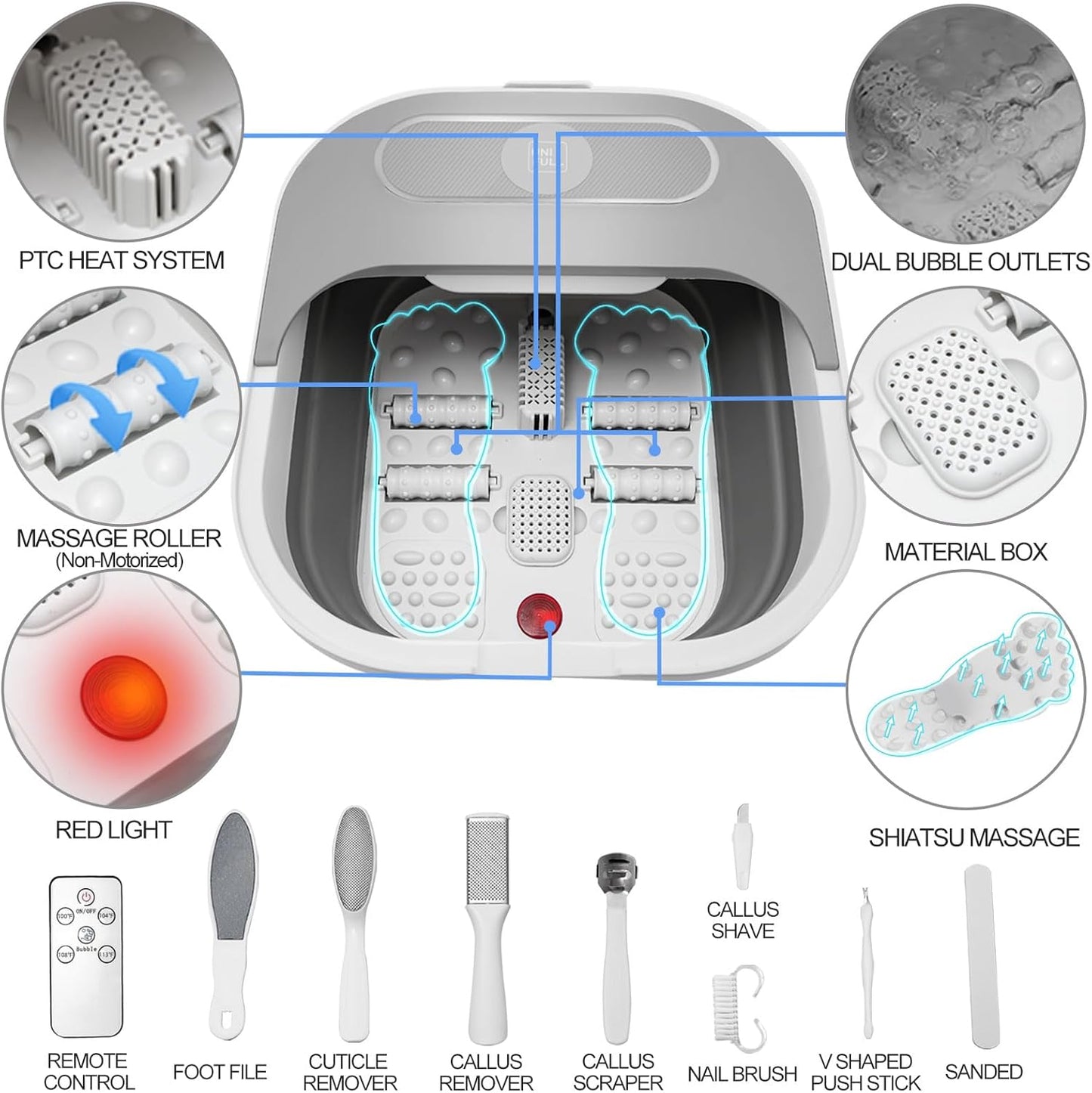 Collapsible Foot Spa Bath with Heat and Massage Rollers, Bubble, Foot Pedicure Kit, Temperature Control, Red Light, Pedicure Foot Spa, Foot Bath