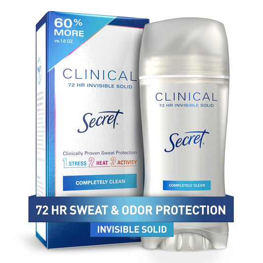 Clinical Strength Antiperspirant Deodorant for Women, 3X Stress Protection, 72Hr Sweat & Odor Protection, PH Balancing Minerals, Invisible Solid, Completely Clean Scent, 2.6 Oz