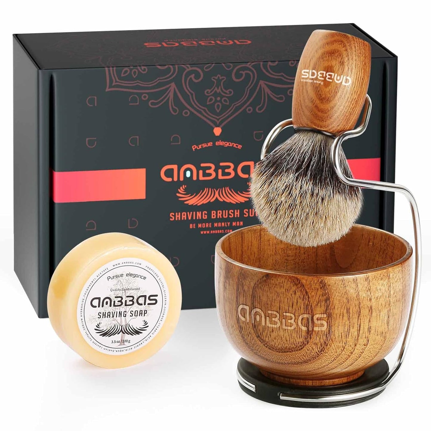 Pure Badger Hair Shaving Brush Solid Wood Handle with Goat Milk Shaving Soap 100G,Stainless Steel Shaving Stand and 2 Layers Shaving Bowl Kit Perfect for Men Gift