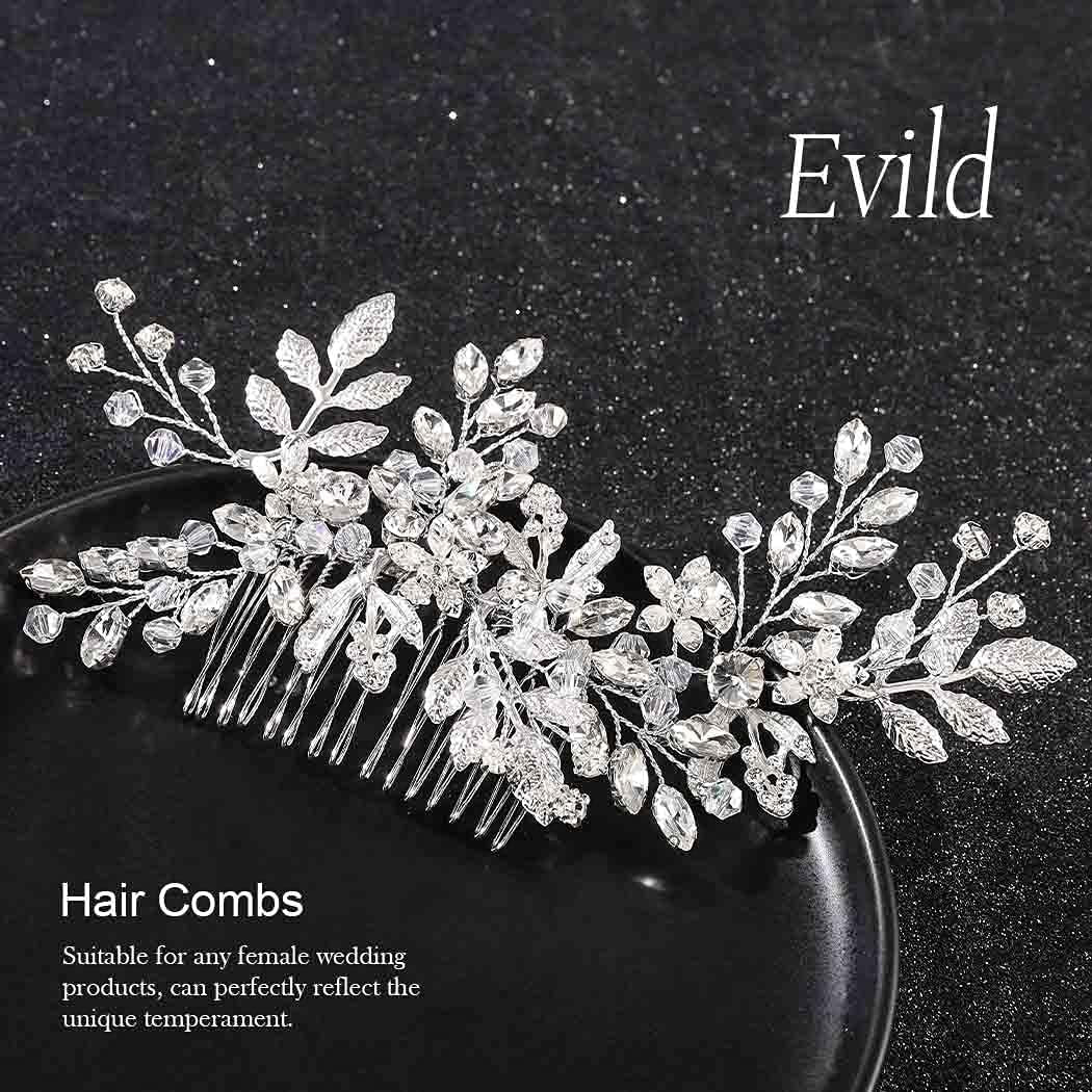 Rhinestone Wedding Hair Comb Leaf Bead Headpieces Clip Crystal Bridal Headdress Flower Accessories for Brides and Bridesmaids (Silver)