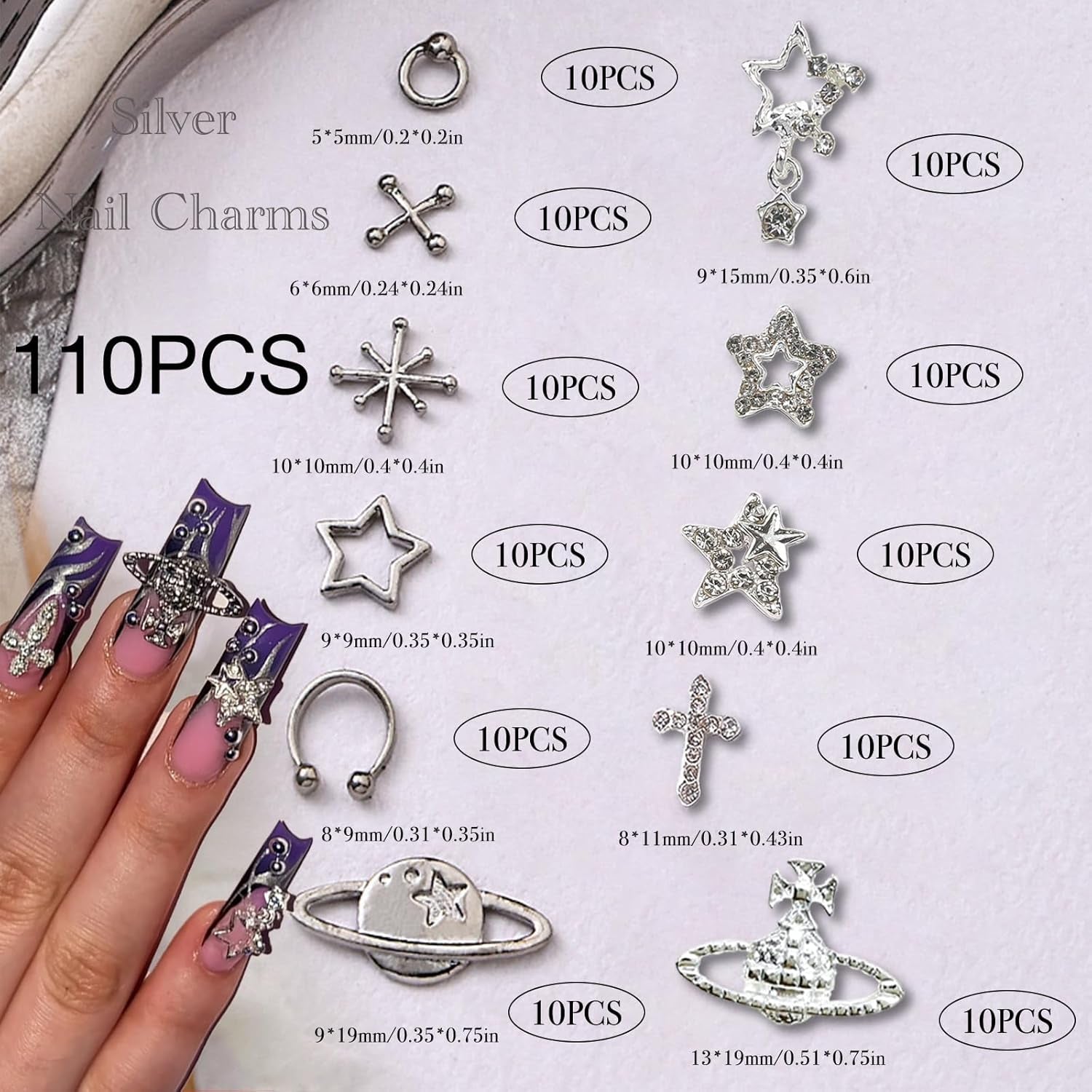 110PCS Star Nail Charms for Acrylic Nails,Silver Star Planet Cross Alloy Nail Art Decoration, Nail Stones Nail Jewels Accessories for Nail Art Supplies Manicure Craft DIY