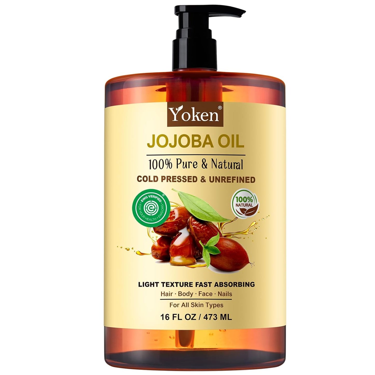 Pure Jojoba Oil EWG Verified 16 Fl Oz, 100% Natural Jojoba Oil for Hair, Skin & Face, Cold Pressed Unrefined, Deeply Moisturizing Body Oil Jojoba Carrier Oil for Essential Oils Mixing