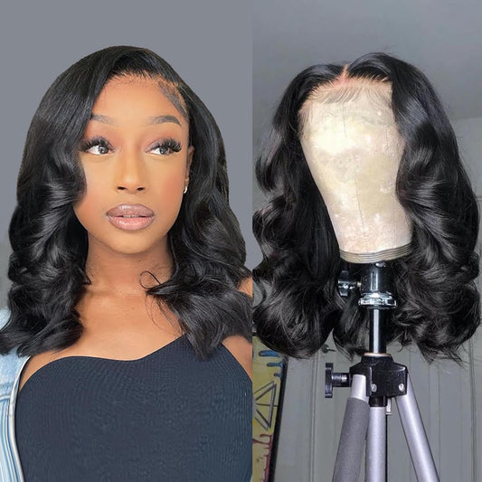 Bob Wig Human Hair 13X4 Frontal Lace Wig 14 Inch Body Wave 180% Density HD Lace Front Wigs Human Hair Pre Plucked Bob Wigs for Women Human Hair Wigs (14 Inch, Natural Black)