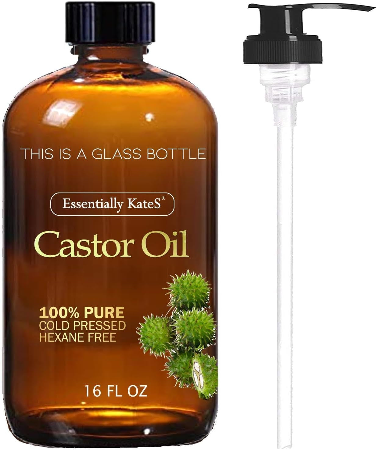 Castor Oil 16 Fl Oz (Glass Bottle) - Original Unrefined - a Huge Glass Bottle with a Pump - 100% Pure and Natural, Cold Pressed, and Hexane-Free - Hair Oil, Body Oil