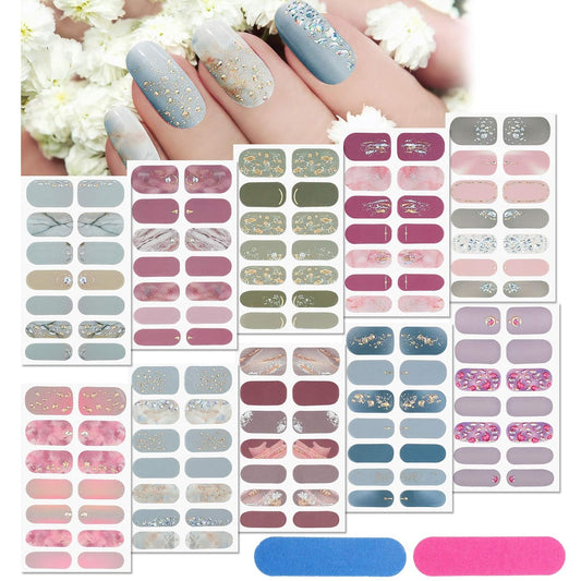 140 Pcs 10 Sheets Full Wrap Nail Stickers Polish Strips Gradient Stickers Glitter Self Adhesive DIY Art Decals Strips with 2 Pcs Nail Files for Holiday Decor (Classic Style)