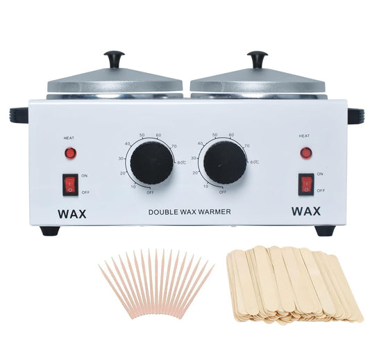 Wax Warmer Double Pot, Professional Electric Heater for Facial, Body, Spa, and Salon, 1.2L Dual Adjustable Temperature with 100 Wooden Craft Sticks, Hair Removal