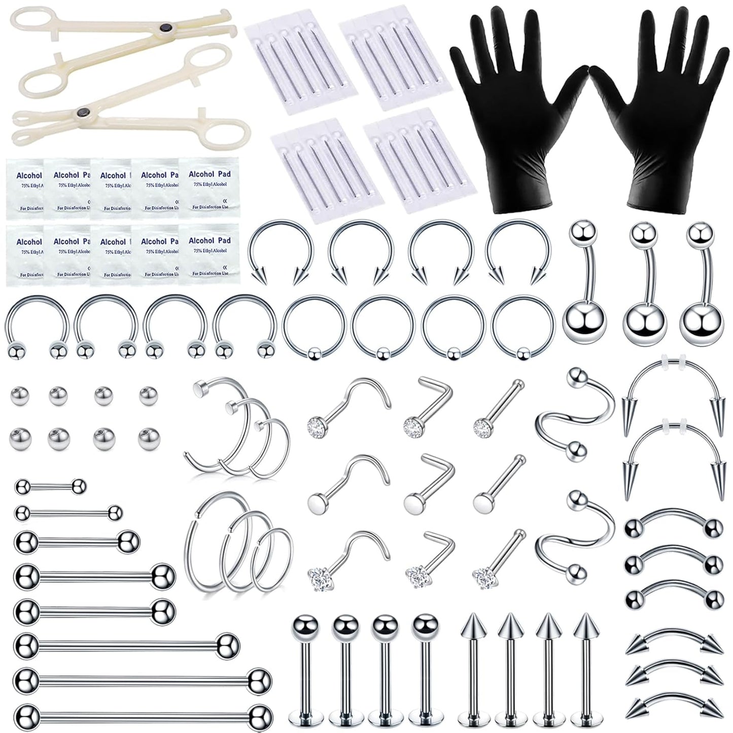 94PCS Mixed-Pack Piercing Kits for All Body Piercings Stainless Steel 14G 16G 20G Jewelry and Needle with Tools Nose Septum Lip Ear Belly Button Cartilage Tragus