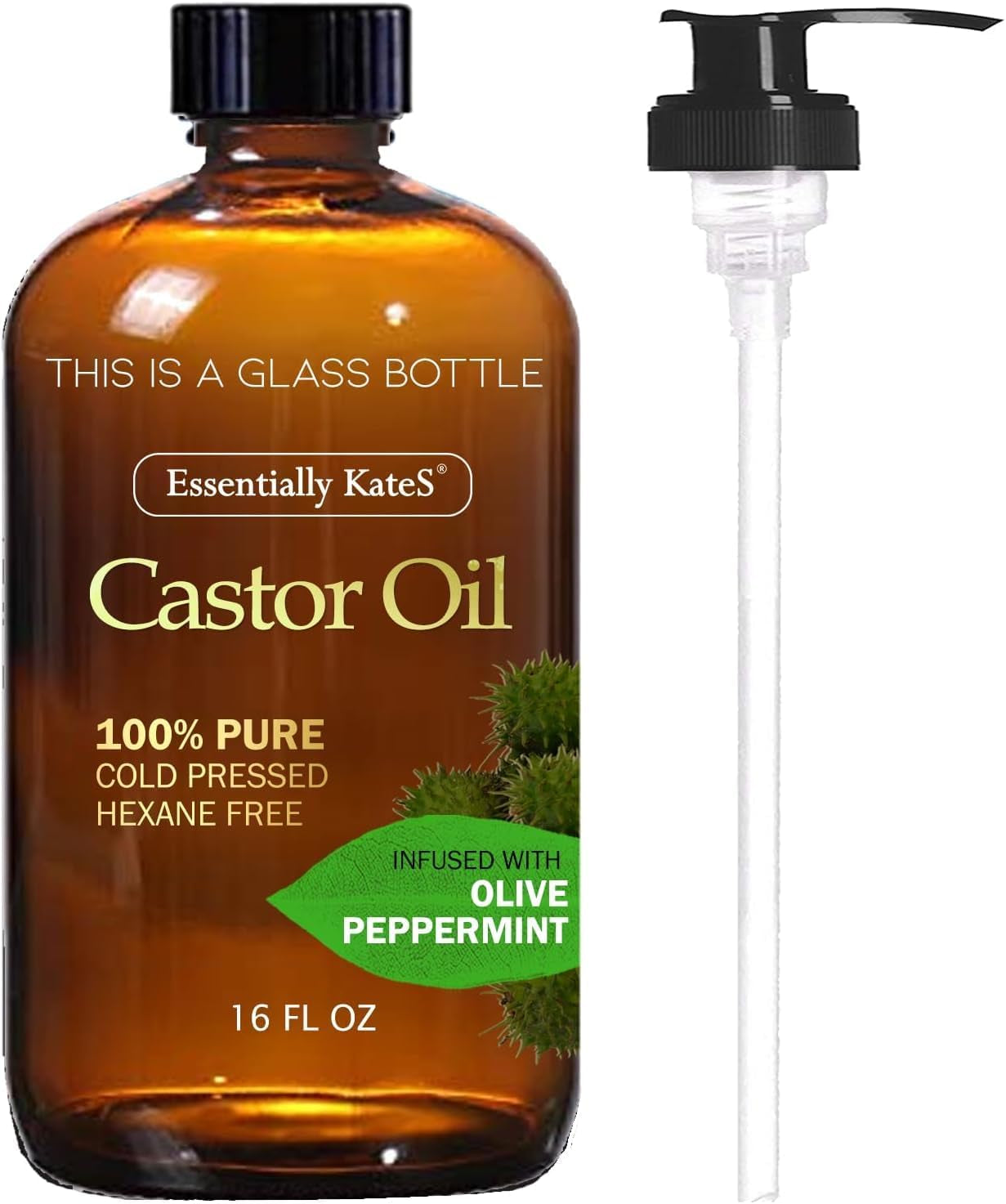 Castor Oil 16 Fl Oz (Glass Bottle) - Original Unrefined - a Huge Glass Bottle with a Pump - 100% Pure and Natural, Cold Pressed, and Hexane-Free - Hair Oil, Body Oil