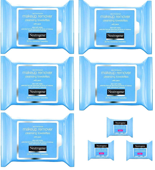 Makeup Remover Cleansing Towelettes, Daily Face Wipes to Remove Dirt, Oil, Makeup & Waterproof Mascara, 25 Ct (5 Pack + 3 Bonus Pouches)