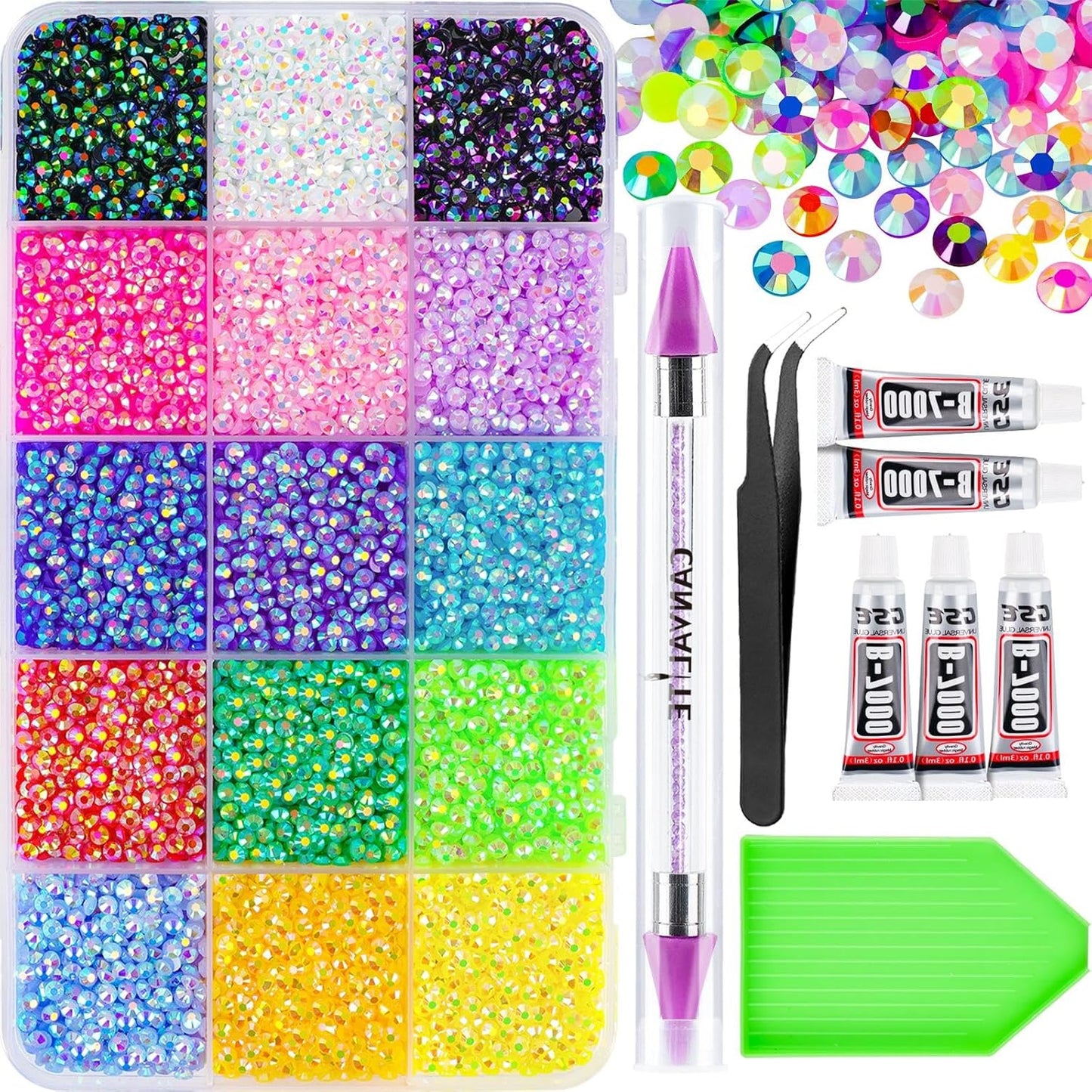 2784PCS Rhinestones Crystal AB Rhinestones for Nail with 5Pcs 3Ml B7000 Jewelry Glue and Pick up Tweezers and Nail Rhinestone Picker, Nail Art Tools,Stocking Stuffers Gifts for Women