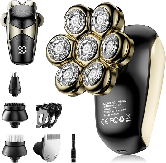 Detachable Head Shavers,  5 in 1 Electric Razor IPX7 Waterproof for Bald Men, Wet Dry LED Display Rechargeable 7D Rotary Shaver Grooming Kit with Type C Charge A，Gold