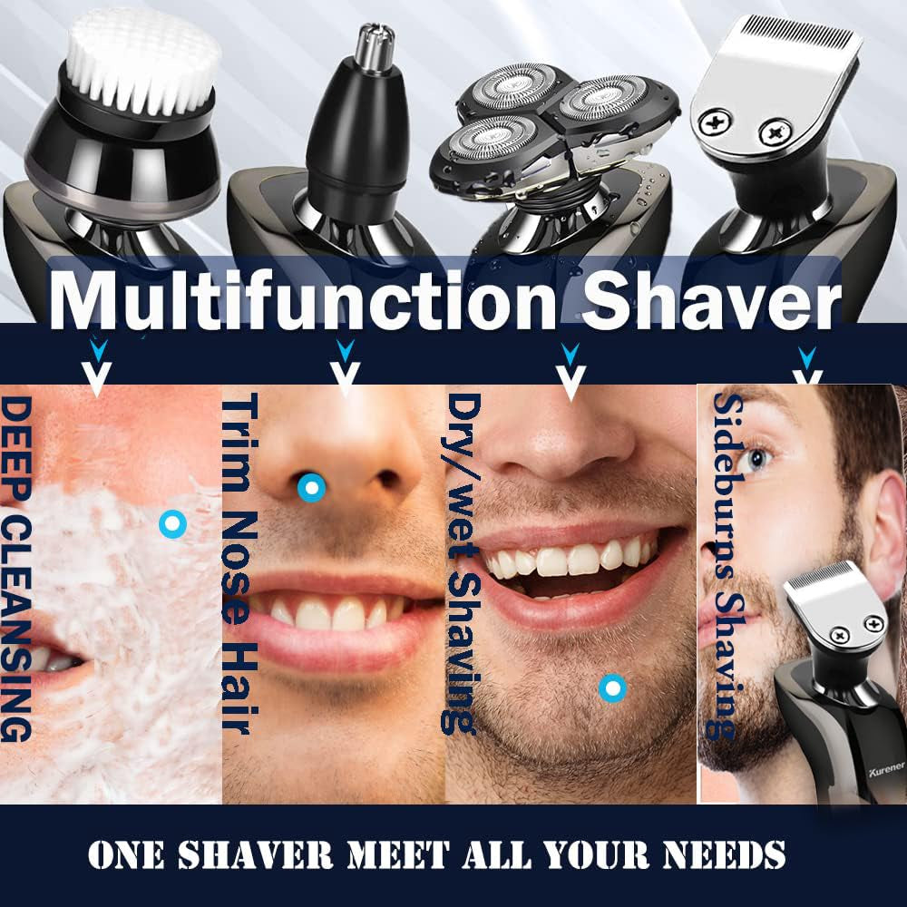 Electric Shaver Razor for Men Rechargeable 100% Waterproof Rotary for Shaving with Nose Trimmer Sideburns Trimmer Face Cleaning Brush