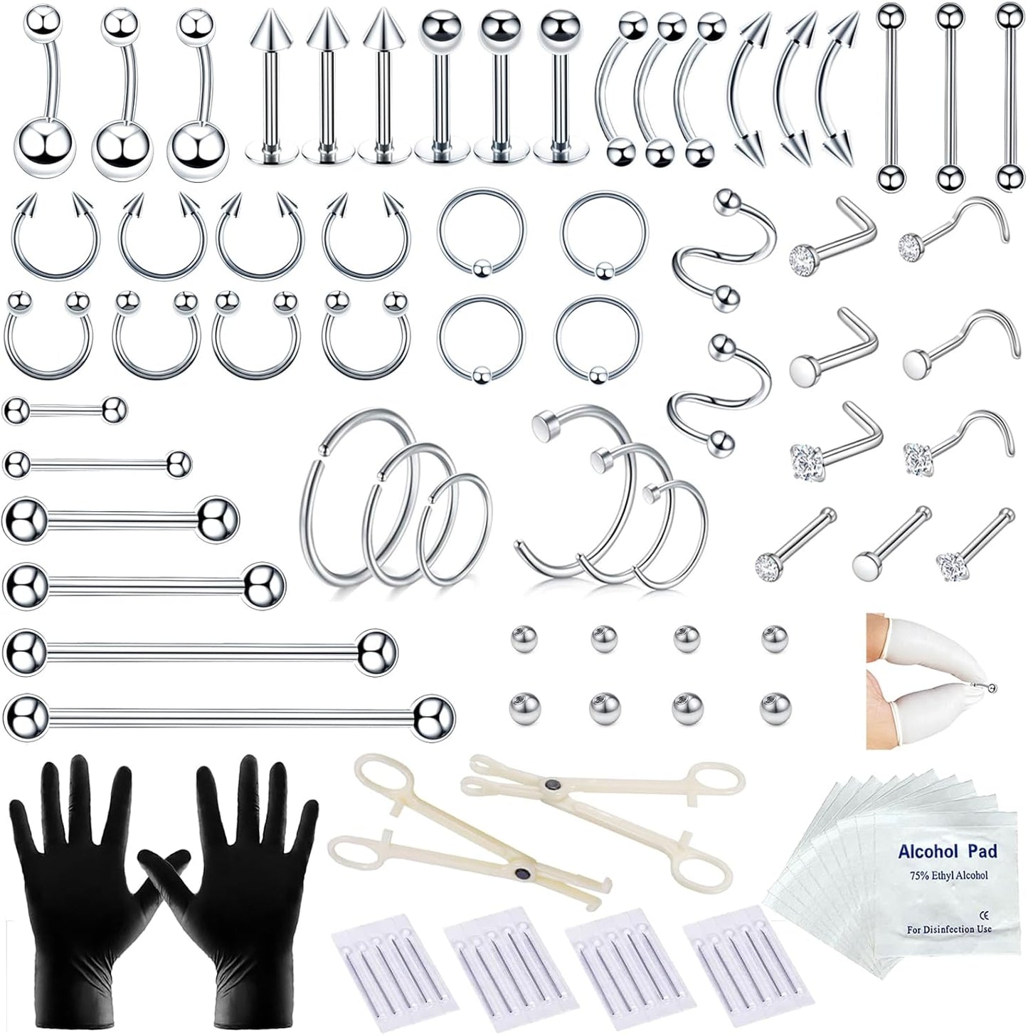 84 & 98 & 120 PCS Body Septum Piercing Kit 14G 16G Tools for Nose Tongue Lip Ear Eyebrow Belly Button Cartilage Tragus Industrial Barbell Helix Daith Piercing Jewelry Clamps