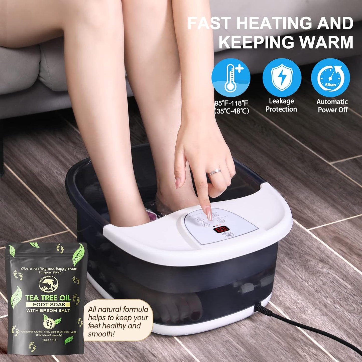 Foot Spa Bath Massager with Heat [2025 Upgraded], Vibration, Temperature Control, Jets, Bubbles, Epsom Salt and Red Light, Foot Soaker with 22 Massage Rollers, Foot Bath for Relaxation, Large, Grey